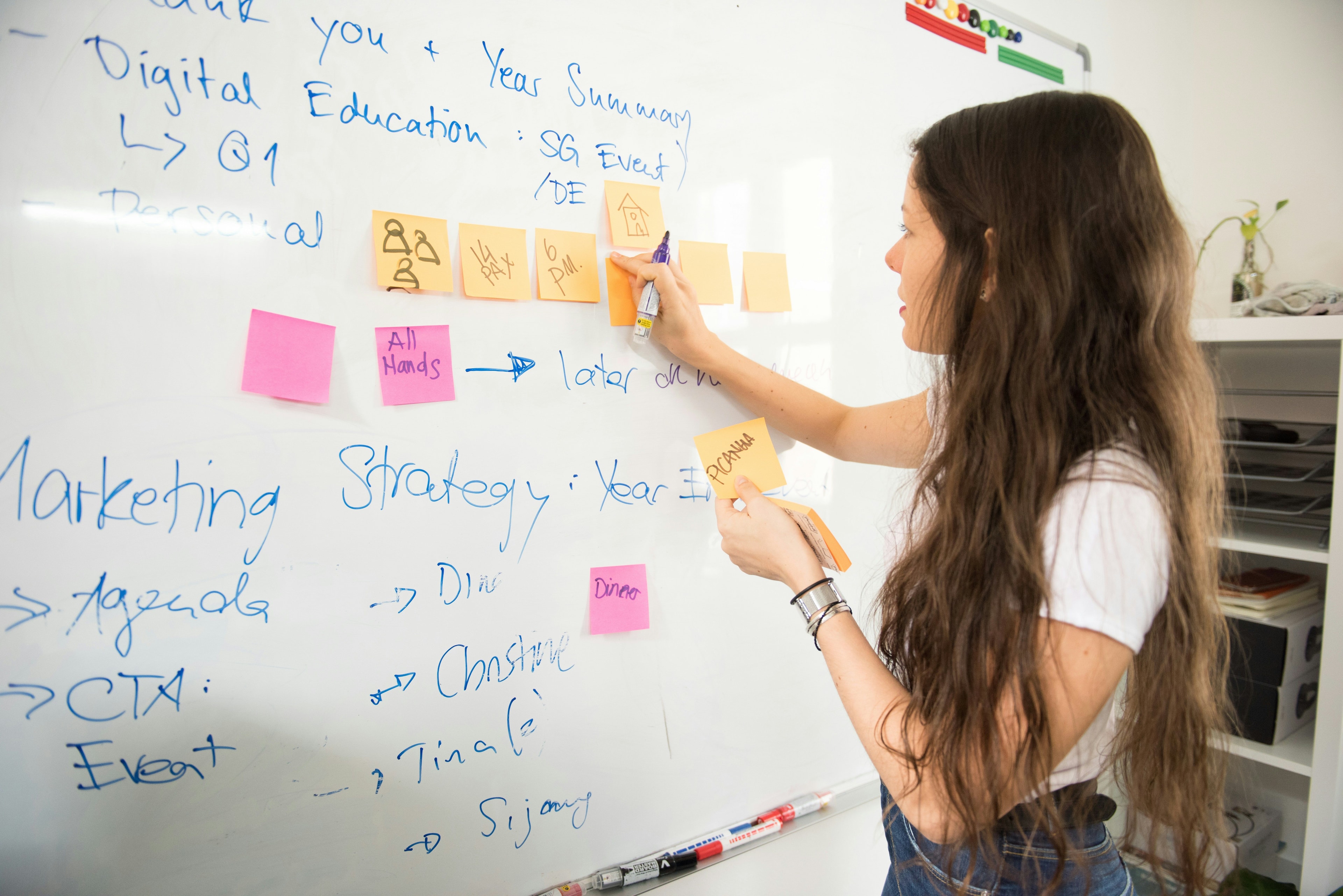 Brainstorming ideas on whiteboard